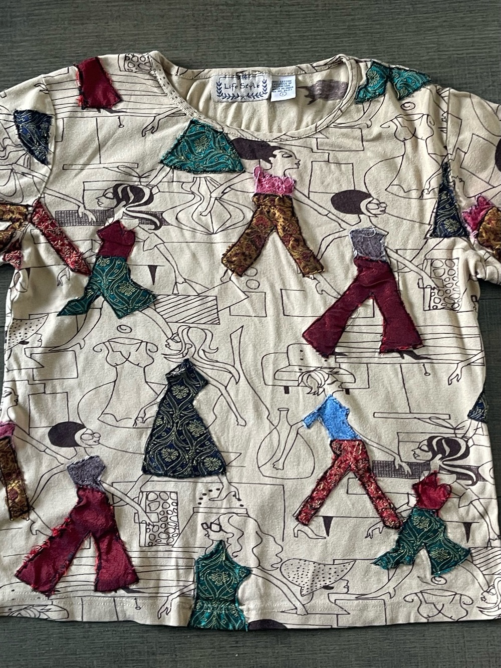 Vintage Life Style Art Sketch 3D Mixed Media Applique Top Blouse Size L⁠